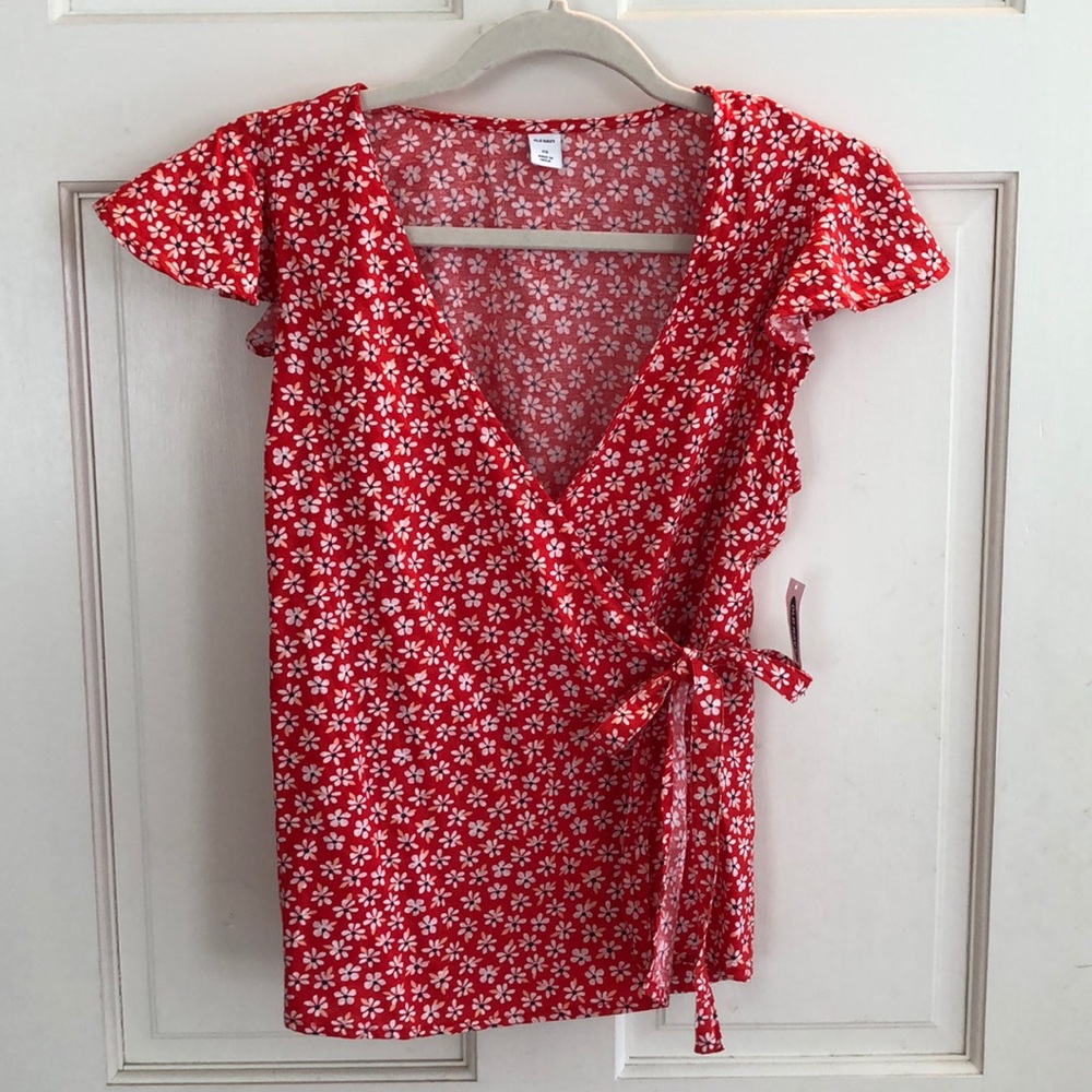 Old Navy Red Floral Wrap Blouse